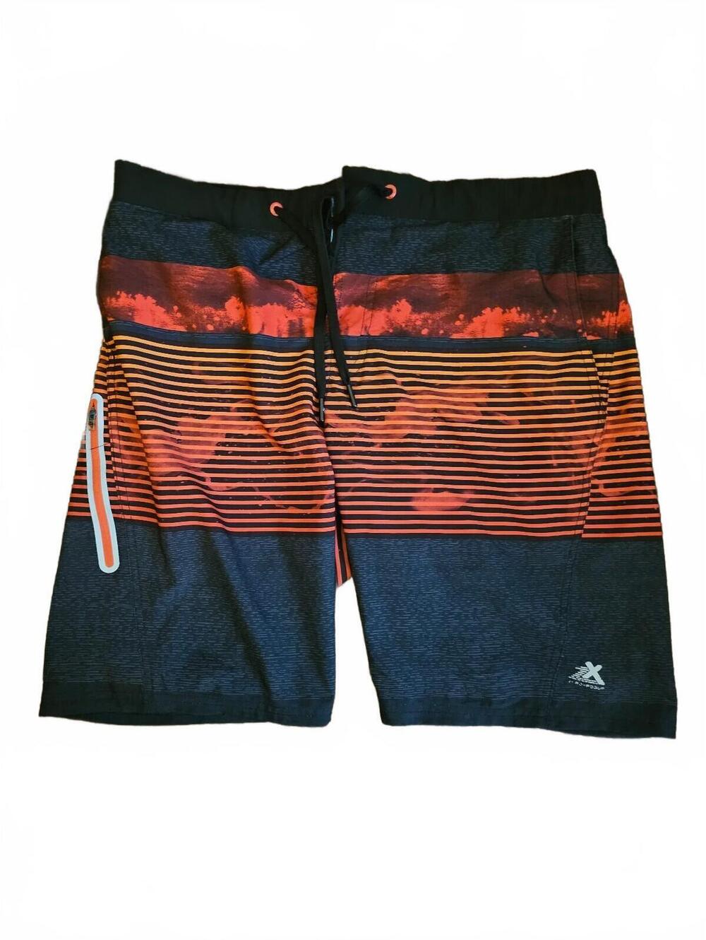 Zeroxposur Red Shore Swim Trunks Mens Size M Black Red Stripes Liner Pockets-EUC